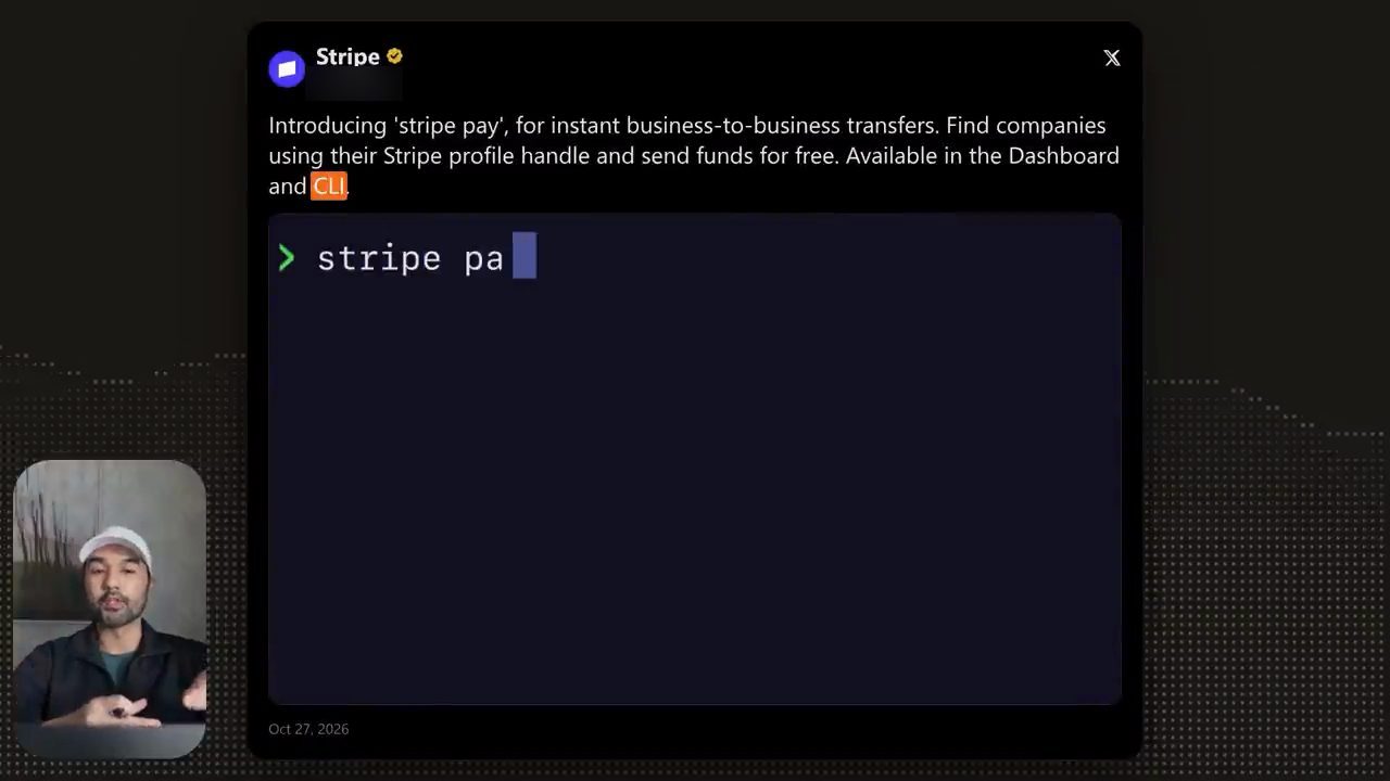 Post của Stripe giới thiệu stripe pay, bên dưới là terminal đang gõ lệnh stripe pa