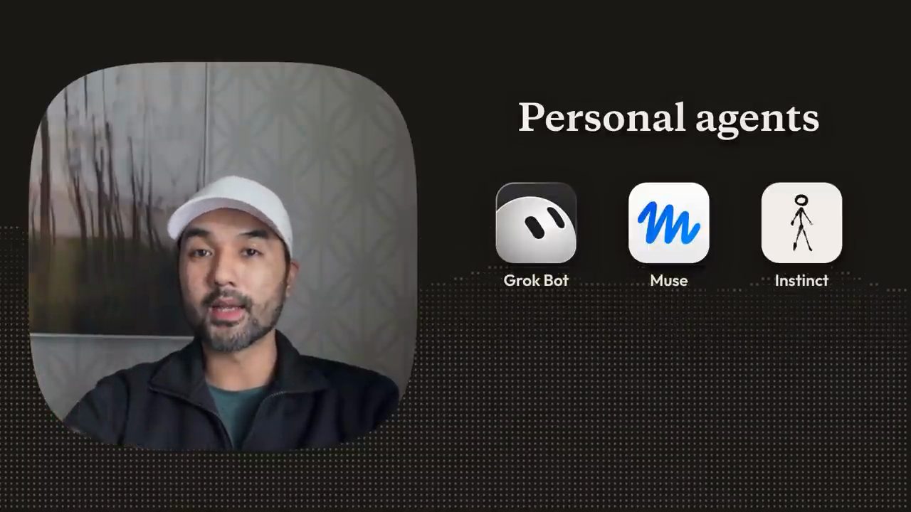 Jay nói trước camera, bên phải có chữ Personal agents và ba icon Grok Bot, Muse, Instinct