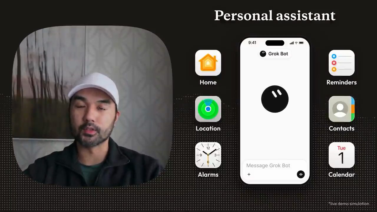 Chữ Personal assistant, iPhone mở Grok Bot ở giữa, xung quanh là icon Home, Location, Alarms, Reminders, Contacts, Calendar