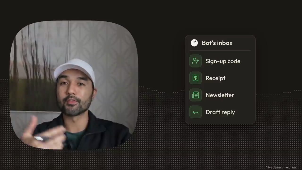 Jay nói trước camera, bên phải là khung Bot's inbox với bốn dòng: Sign-up code, Receipt, Newsletter, Draft reply