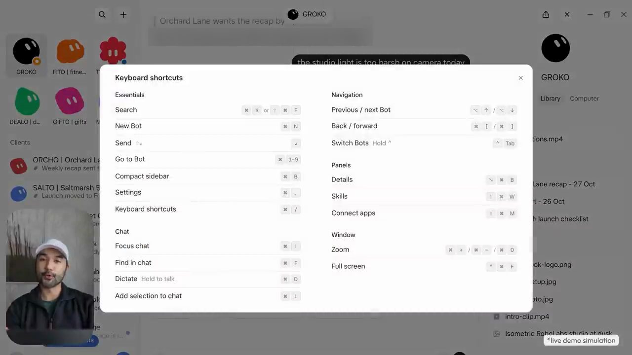 Bảng Keyboard shortcuts trong app Grok Bot với các nhóm Essentials, Chat, Navigation, Panels, Window