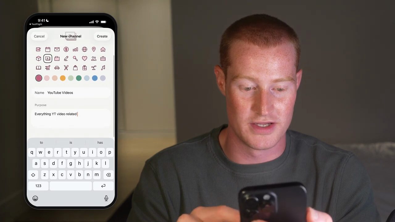 Màn tạo channel mới với bảng icon, bảng màu, tên YouTube Videos