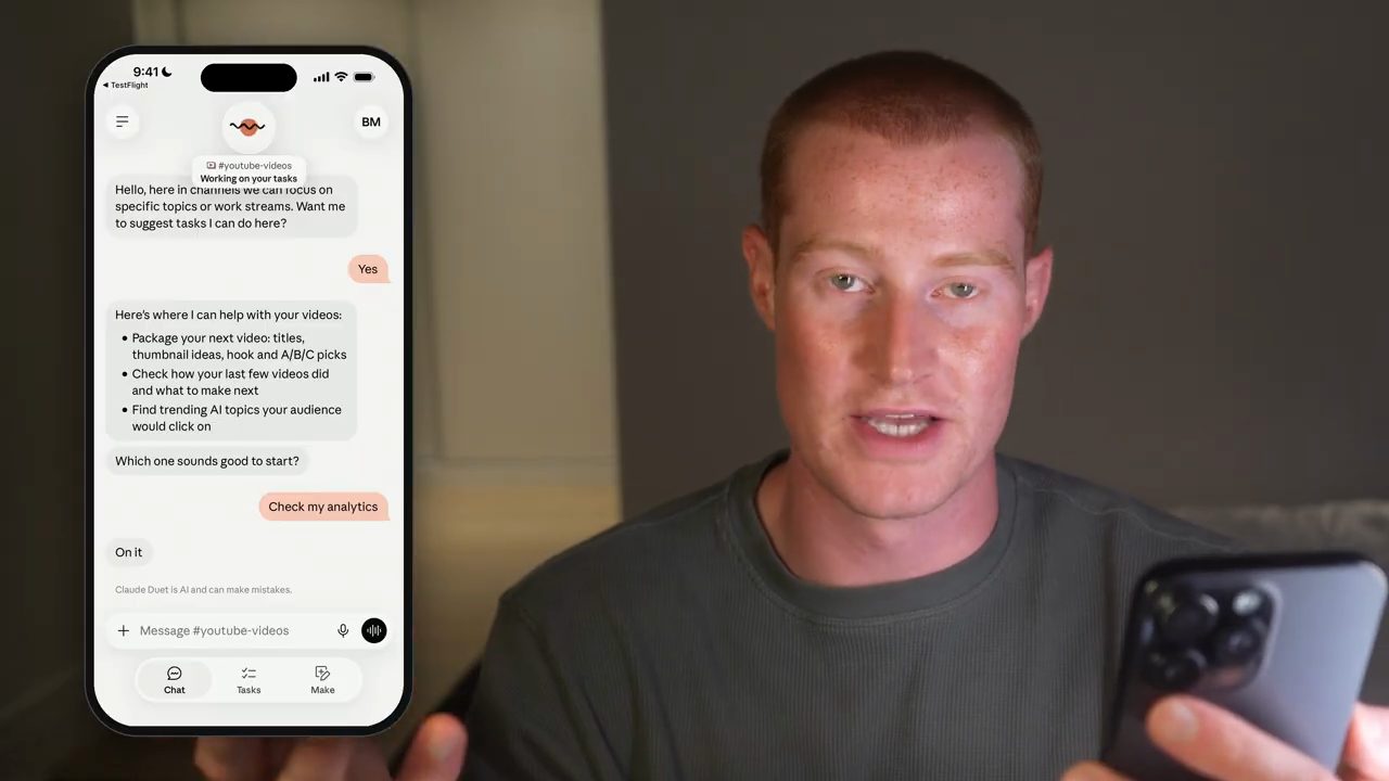 Chat trong channel youtube-videos với ba gợi ý task và tin nhắn Check my analytics