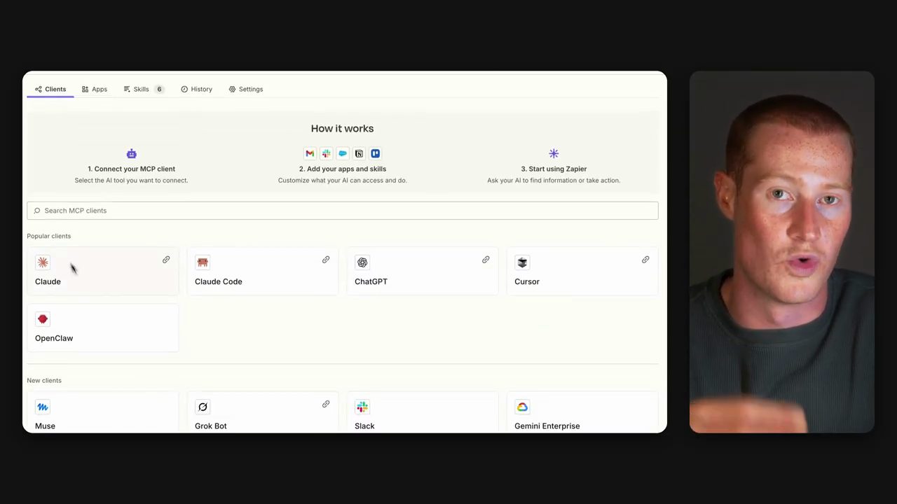 Trang Zapier MCP mục Clients với How it works và danh sách client