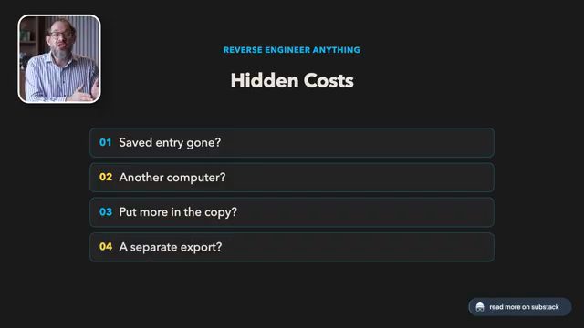 Slide Hidden Costs: Saved entry gone, Another computer, Put more in the copy, A separate export