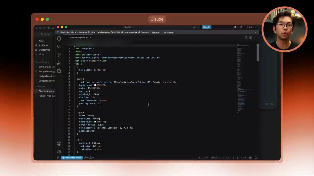 Editor mở file task-manager.html với phần DOCTYPE, head và CSS