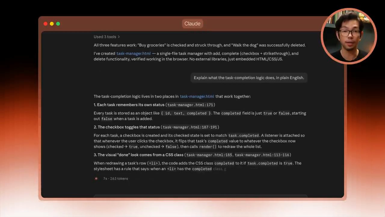 Câu trả lời của Claude giải thích logic hoàn thành task trong ba ý, có số dòng trong task-manager.html