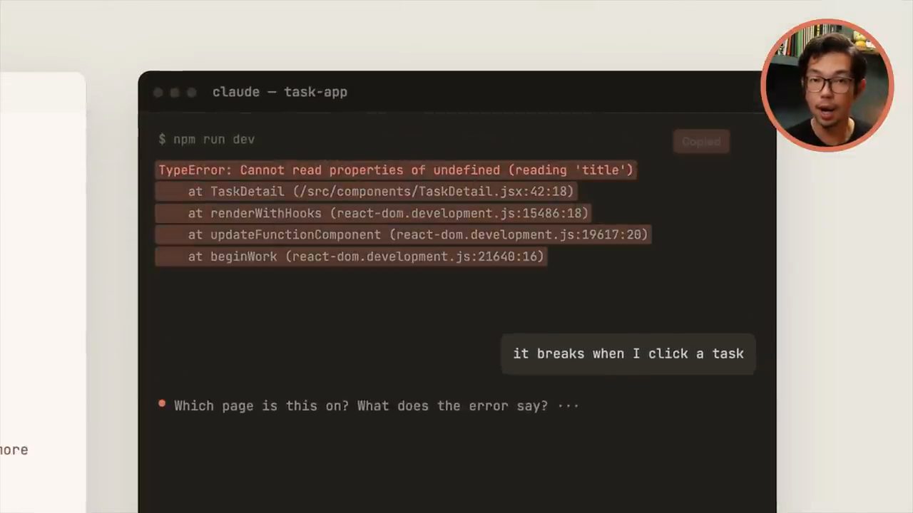 Terminal với lỗi TypeError Cannot read properties of undefined và stack trace, cạnh một câu mô tả mơ hồ