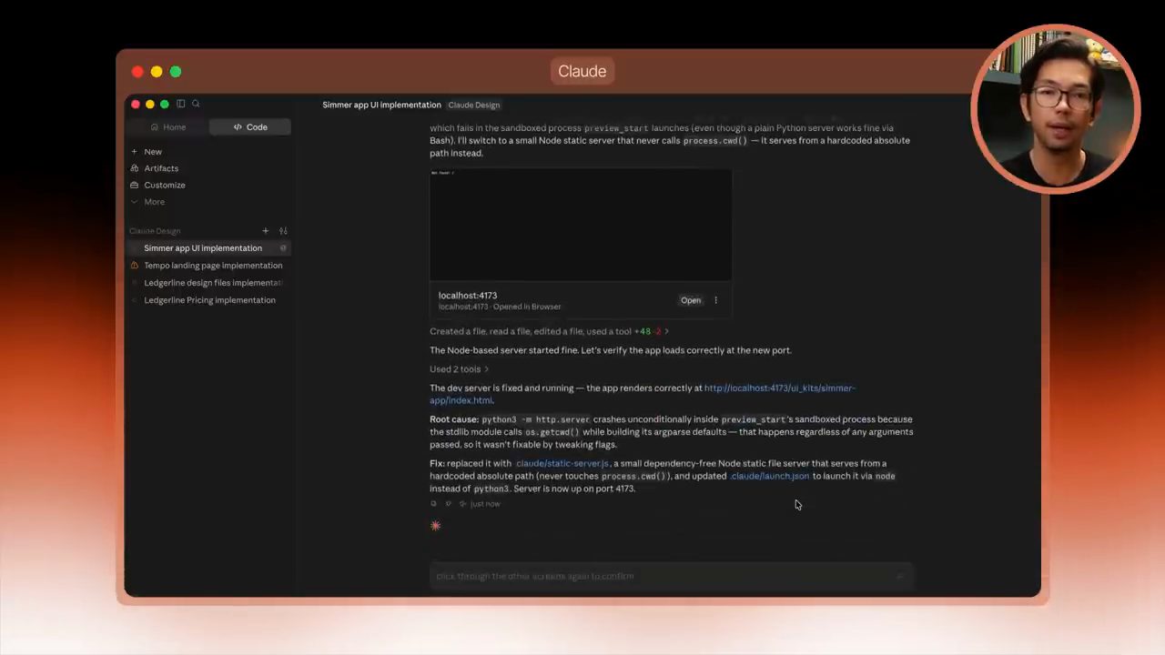 Claude Code giải thích nguyên nhân dev server hỏng và cách sửa bằng một Node static server