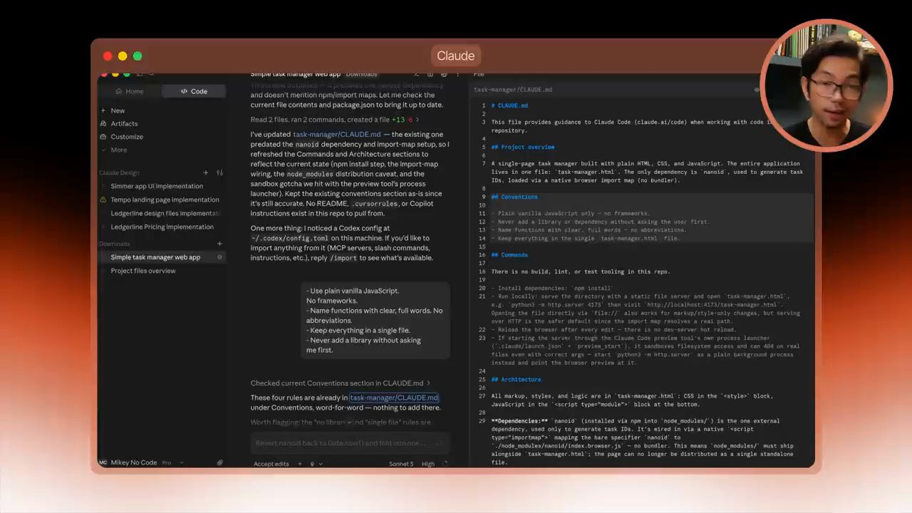 App Claude: bốn rule được gửi trong chat và file CLAUDE.md mở bên phải với mục Conventions