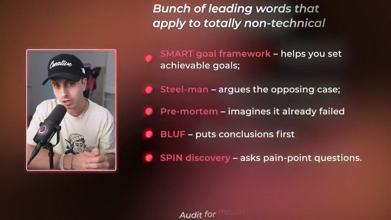 Slide liệt kê leading words cho việc không kỹ thuật: SMART goal, Steel-man, Pre-mortem, BLUF, SPIN discovery
