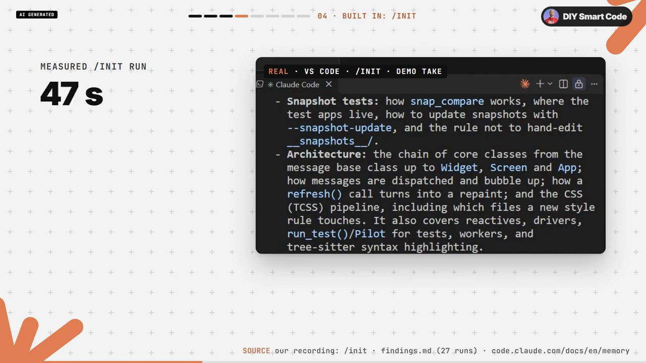 Measured /init run 47 s, bên cạnh đoạn Snapshot tests và Architecture trong CLAUDE.md mà /init viết