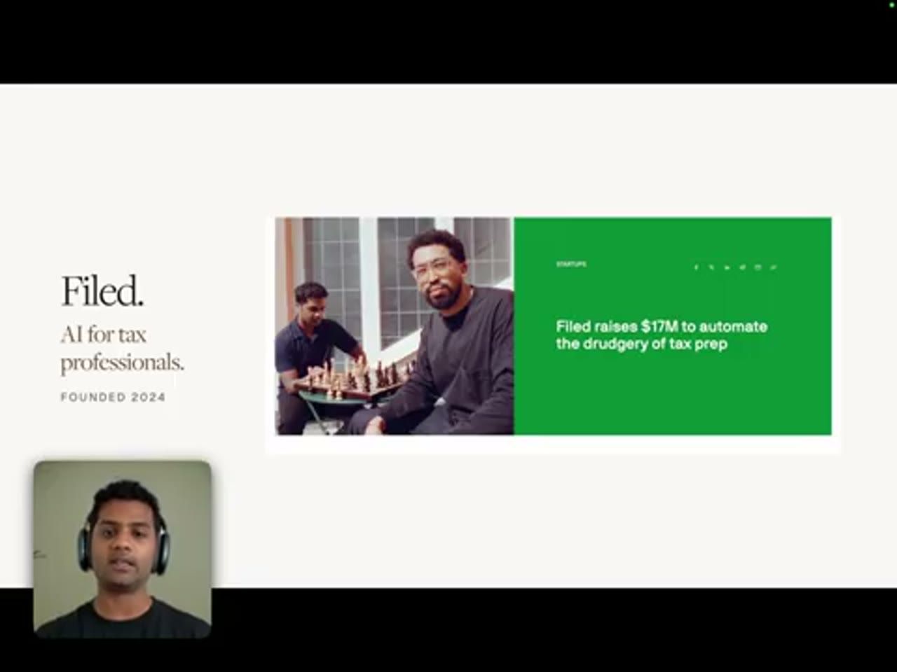 Slide Filed. AI for tax professionals. Founded 2024, kèm bài báo Filed raises $17M to automate the drudgery of tax prep