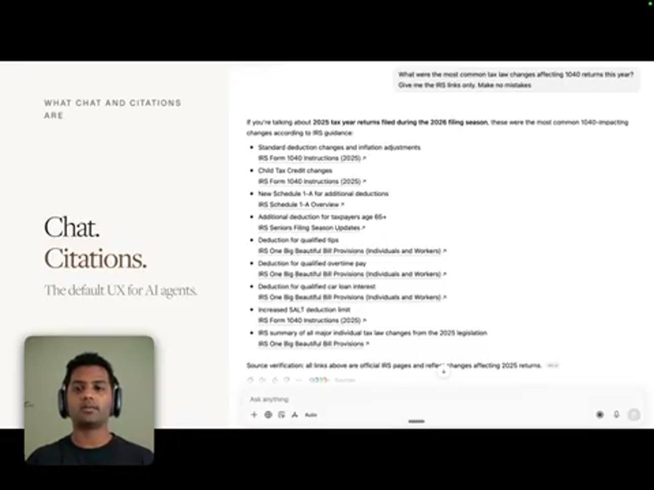 Slide What chat and citations are: Chat. Citations. The default UX for AI agents, kèm ảnh một câu trả lời chat có link IRS cho từng mục