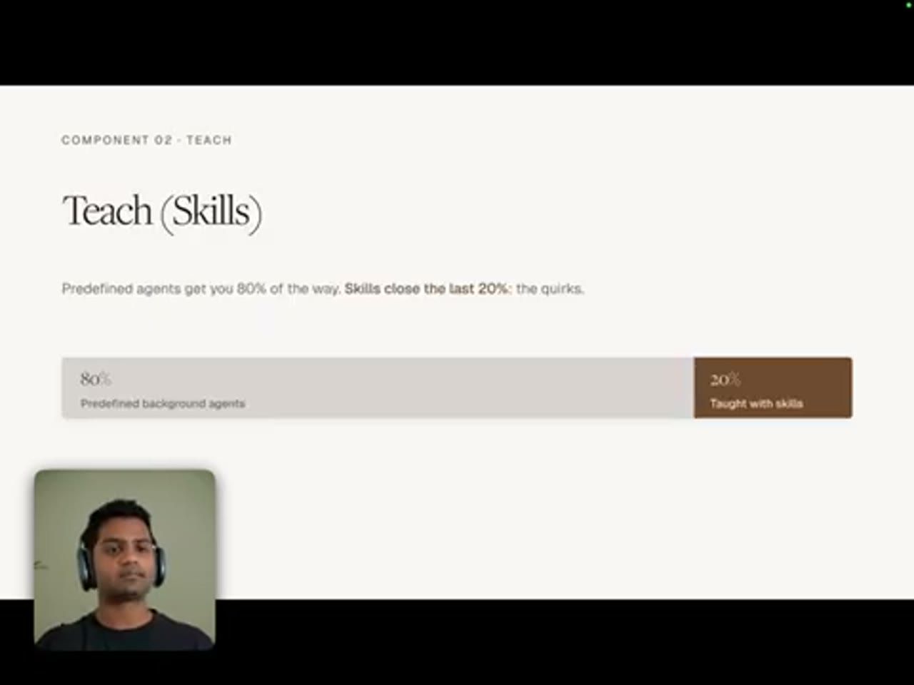 Slide Component 02 Teach: Teach (Skills). Predefined agents get you 80% of the way. Skills close the last 20%: the quirks. Thanh 80% predefined background agents, 20% taught with skills