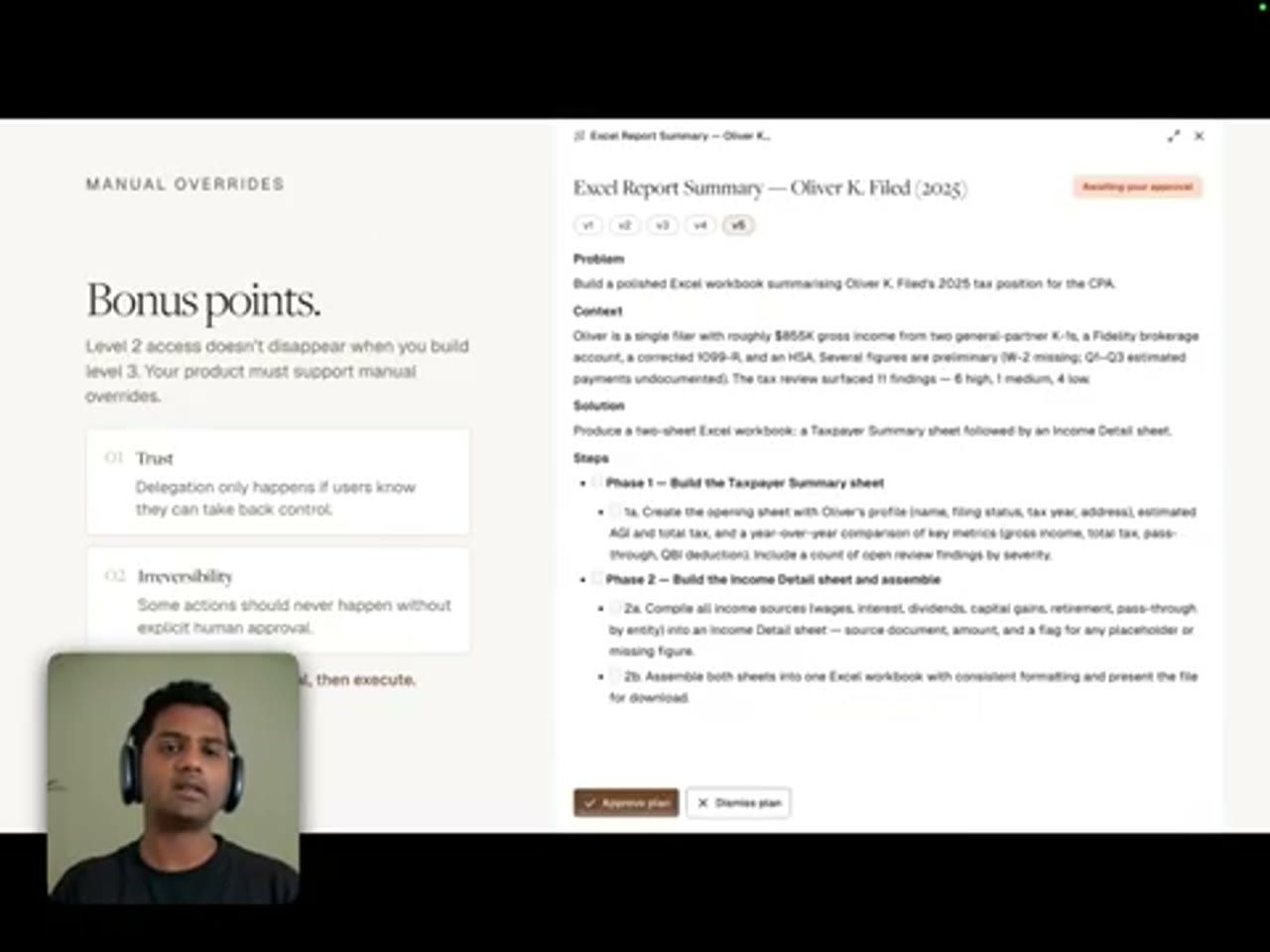 Slide Manual overrides: Bonus points. Level 2 access doesn't disappear when you build level 3. 01 Trust, 02 Irreversibility, kèm ảnh một plan đang chờ duyệt với nút Approve plan và Dismiss plan