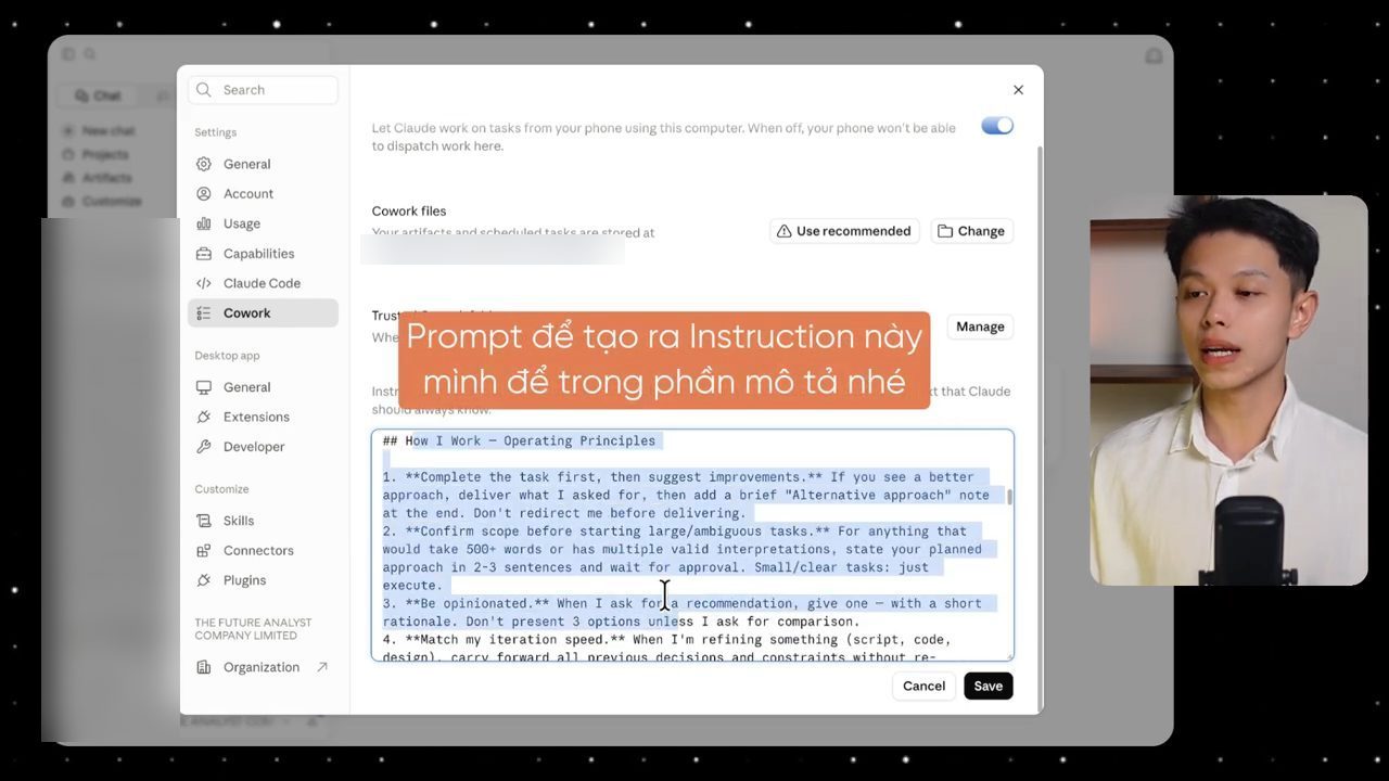 Tab Cowork trong Settings với ô Global Instructions chứa phần How I Work, Operating Principles