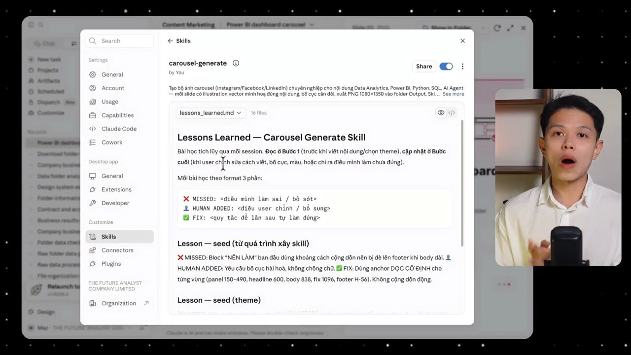 File lessons_learned.md của skill carousel-generate với format MISSED, HUMAN ADDED, FIX