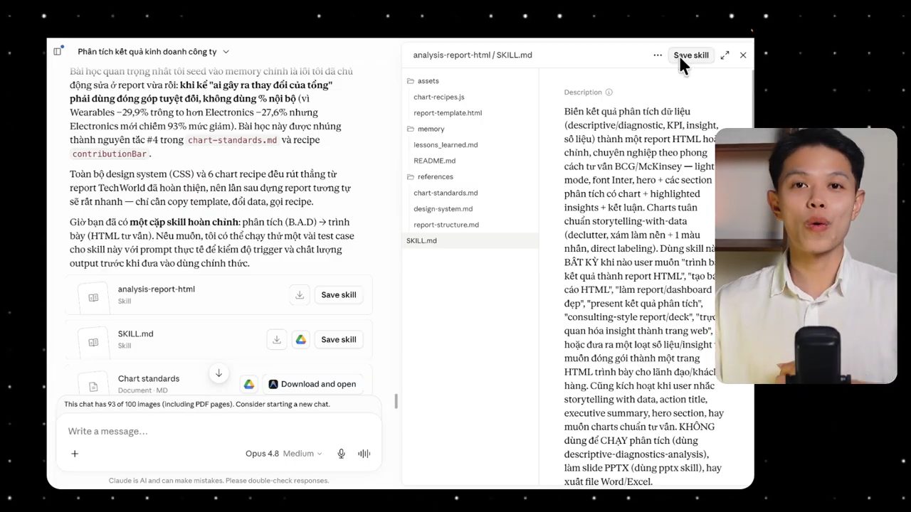Folder skill analysis-report-html với assets, memory, references, SKILL.md và nút Save skill