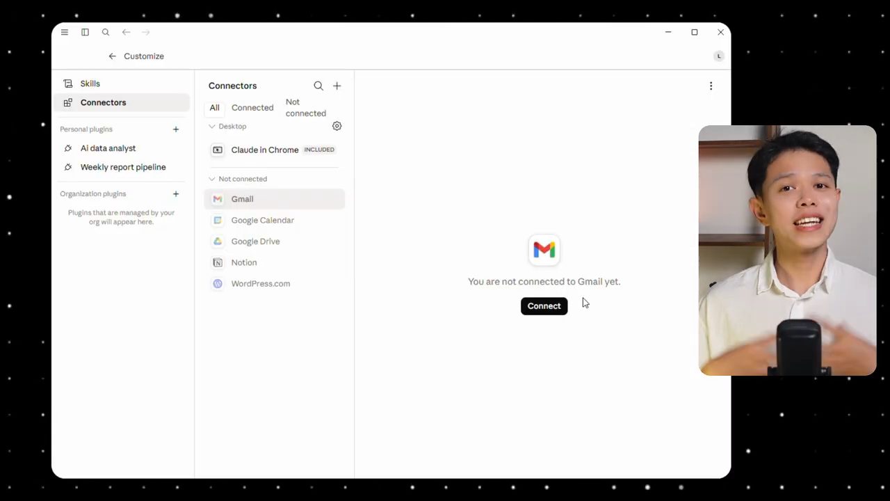 Trang Customize, mục Connectors, với Gmail chưa kết nối và nút Connect