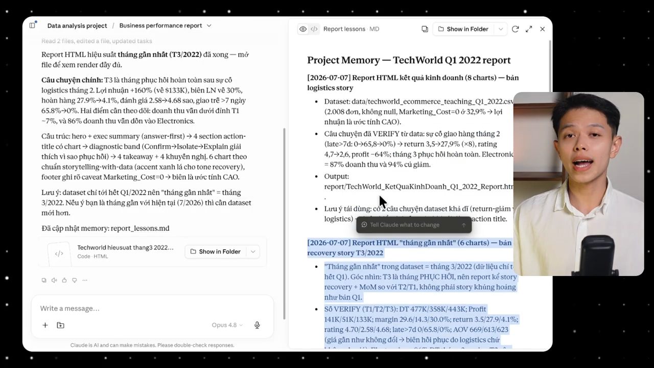 Task Business performance report trong Data analysis project, bên phải là file Project Memory