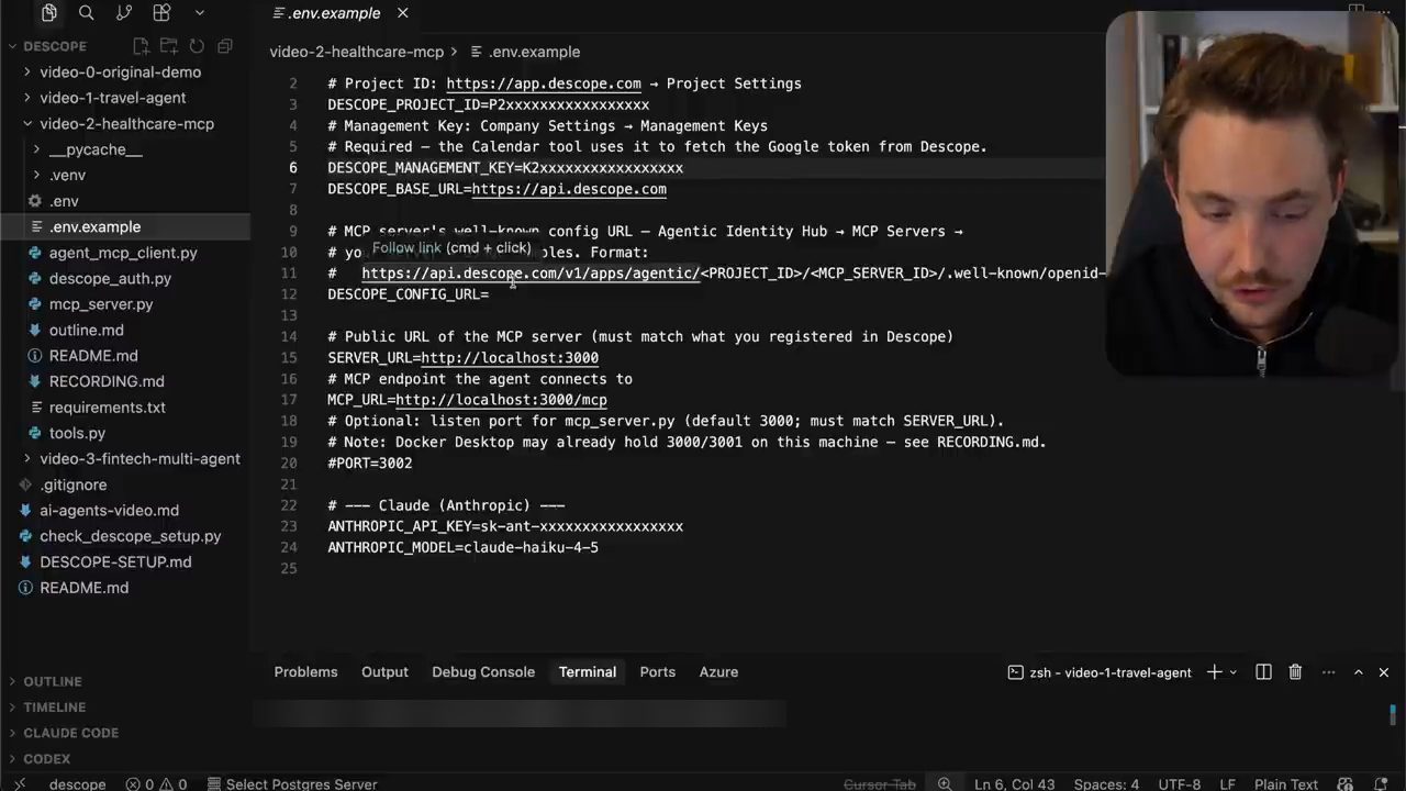 File .env.example với các biến DESCOPE_PROJECT_ID, DESCOPE_MANAGEMENT_KEY, DESCOPE_BASE_URL, SERVER_URL, MCP_URL và ANTHROPIC