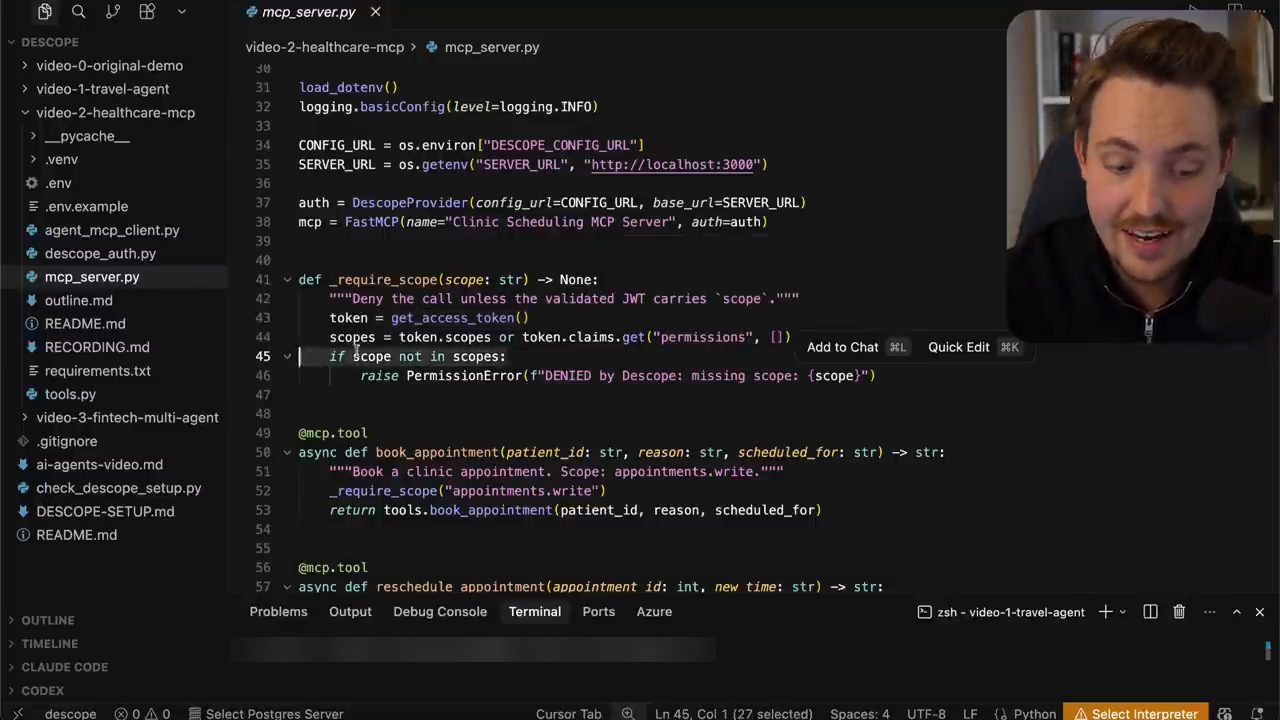 Code mcp_server.py: DescopeProvider, FastMCP, hàm _require_scope và tool book_appointment