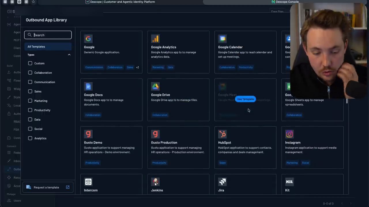 Outbound App Library của Descope với các mẫu Google, Google Analytics, Google Calendar, Google Docs, Google Drive, HubSpot, Instagram, Jira