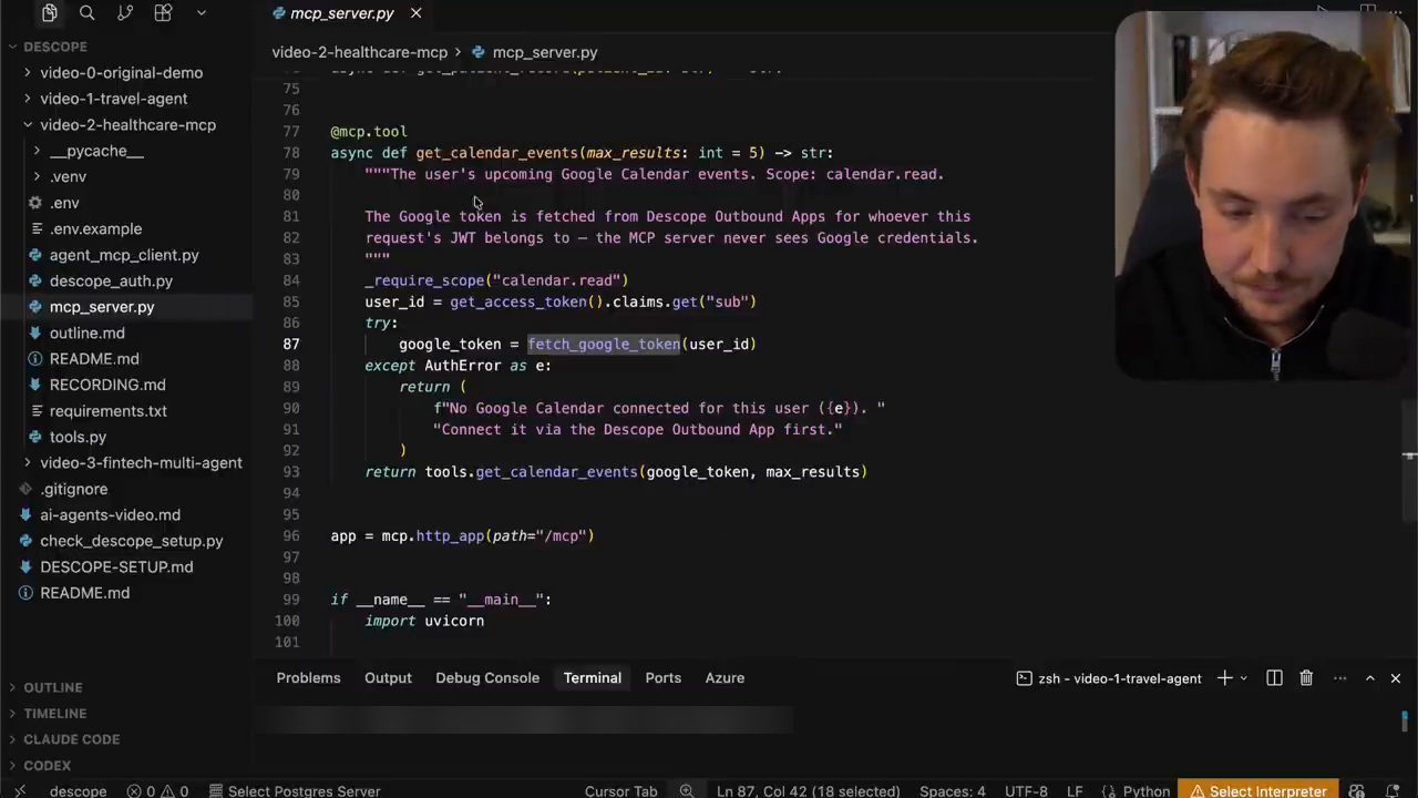 Code tool get_calendar_events với _require_scope calendar.read, fetch_google_token và xử lý AuthError