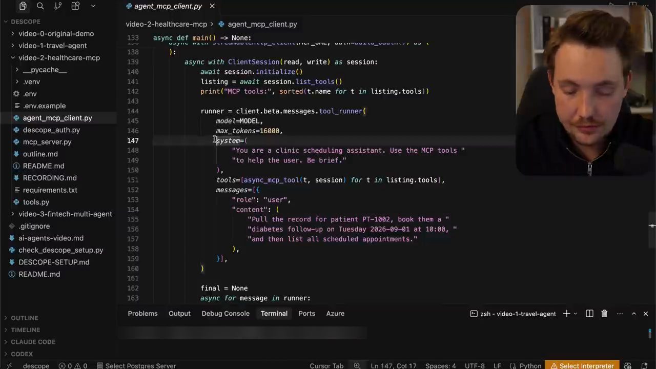 Code agent_mcp_client.py: ClientSession, list_tools và client.beta.messages.tool_runner với system prompt và message của user