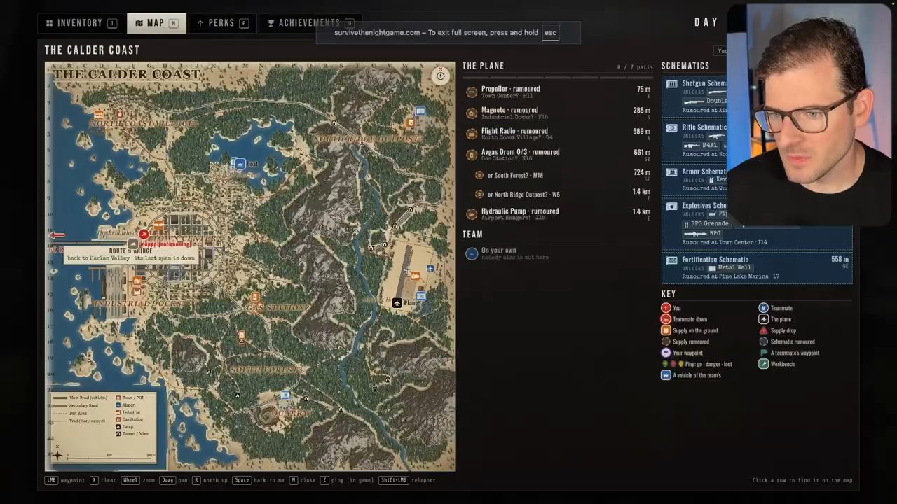 Màn hình Map trong game: bản đồ The Calder Coast, cột The Plane liệt kê phụ tùng, cột Schematics và Key