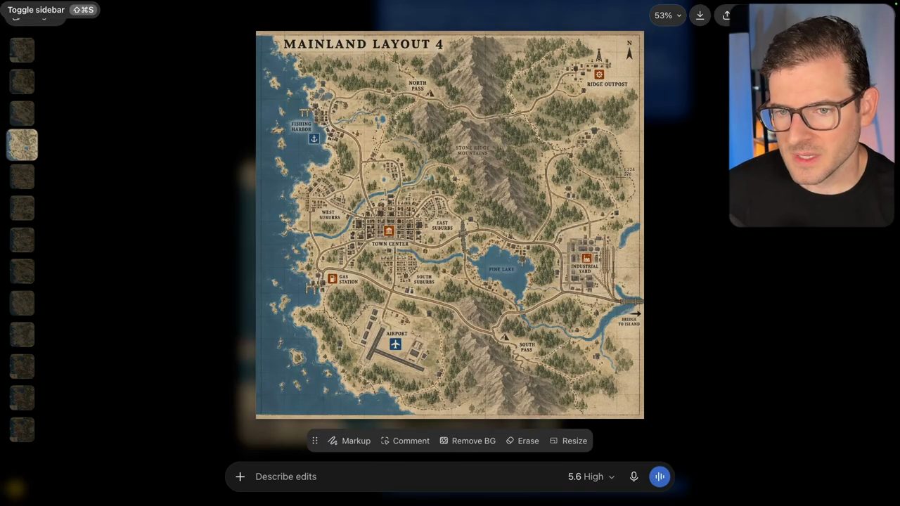 Mainland Layout 4: dãy Stone Ridge Mountains ở giữa, North Pass và South Pass, sân bay ở phía nam gần thị trấn