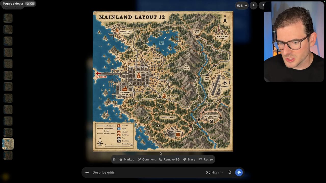 Mainland Layout 12: thị trấn bên trái, dãy núi The Ridge và con sông ở giữa, sân bay bên phải, South Passage Mines và Quarry phía dưới