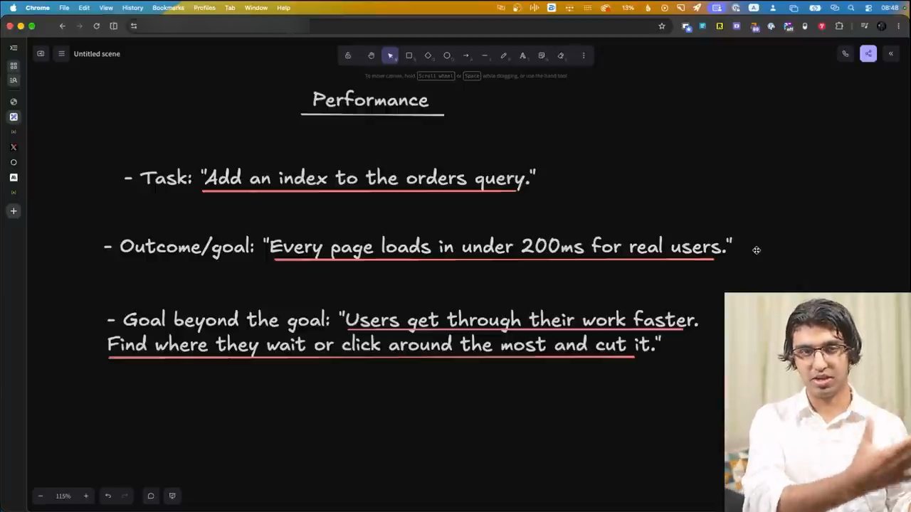 Bảng vẽ tay tiêu đề Performance với ba dòng Task, Outcome/goal, Goal beyond the goal