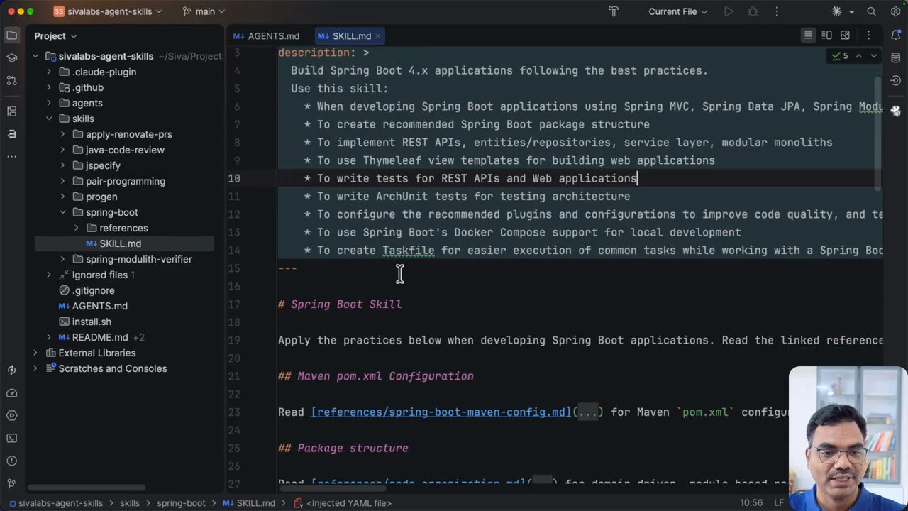 File SKILL.md của skill spring-boot mở trong IntelliJ IDEA, phần description và các mục Maven pom.xml Configuration, Package structure