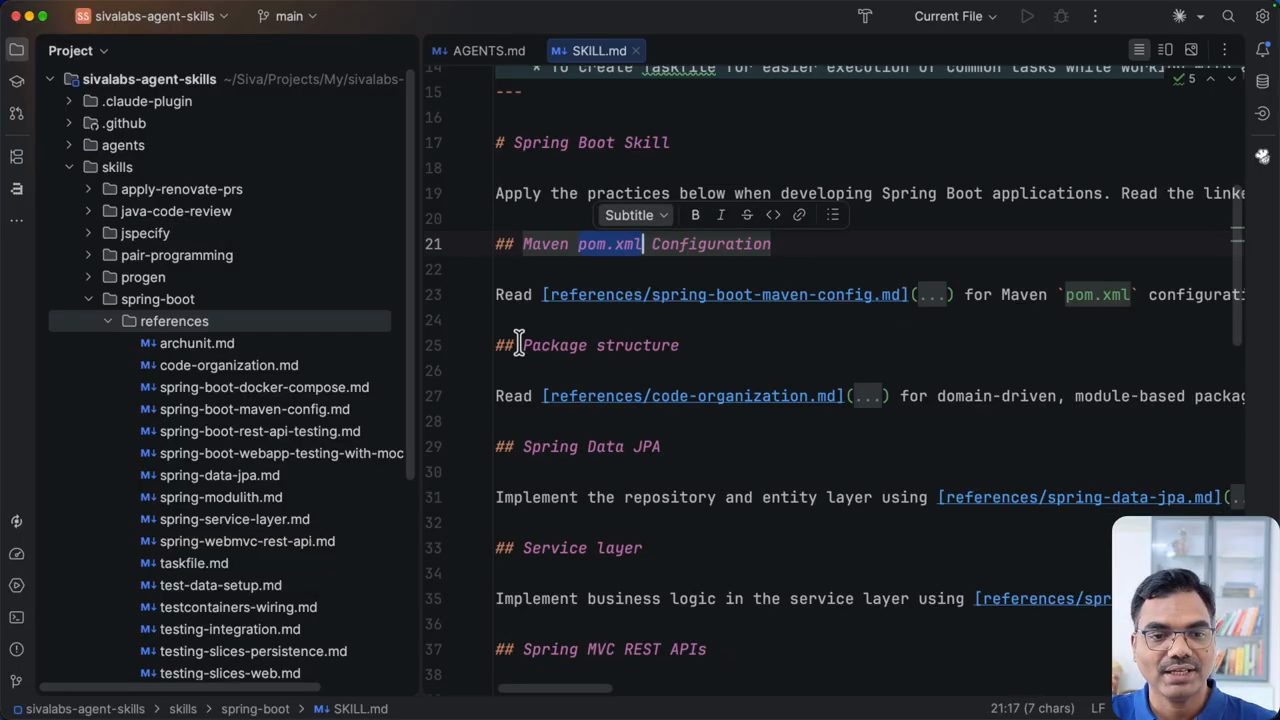 SKILL.md với các mục Maven pom.xml Configuration, Package structure, Spring Data JPA, Service layer, Spring MVC REST APIs, và cây thư mục references bên trái