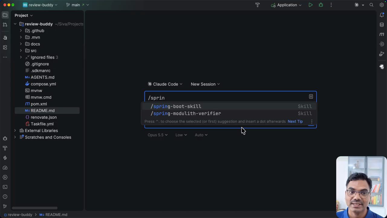 Ô Claude Code trong IntelliJ IDEA, gõ /sprin hiện gợi ý /spring-boot-skill và /spring-modulith-verifier