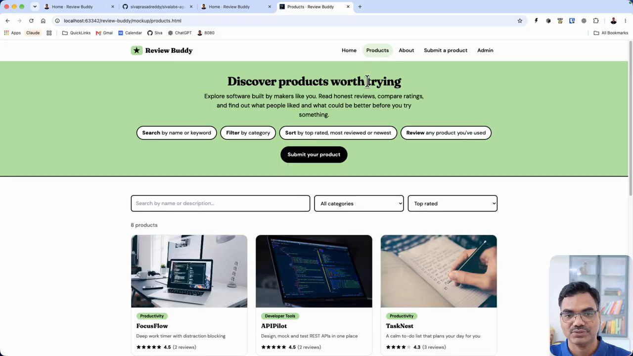 Mockup trang Products của Review Buddy: banner Discover products worth trying, ô tìm kiếm, dropdown All categories và Top rated, lưới sản phẩm