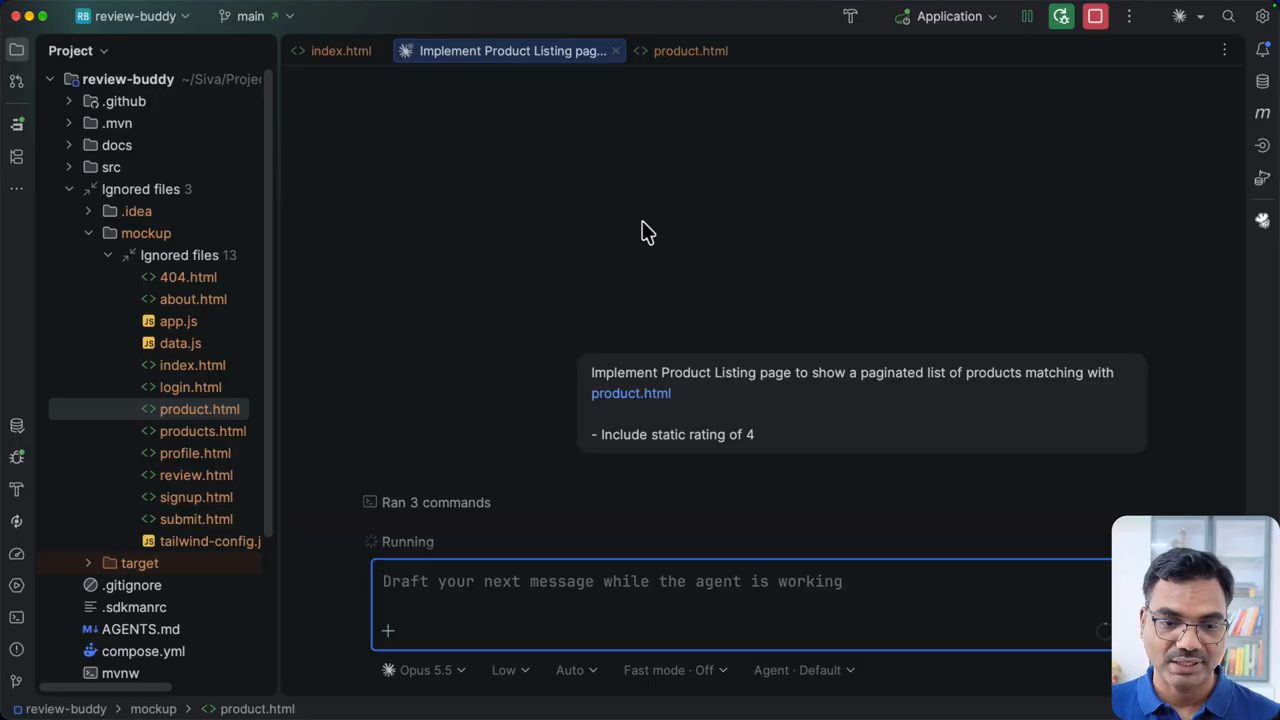 Phiên Claude Code với prompt Implement Product Listing page..., Ran 3 commands, Running