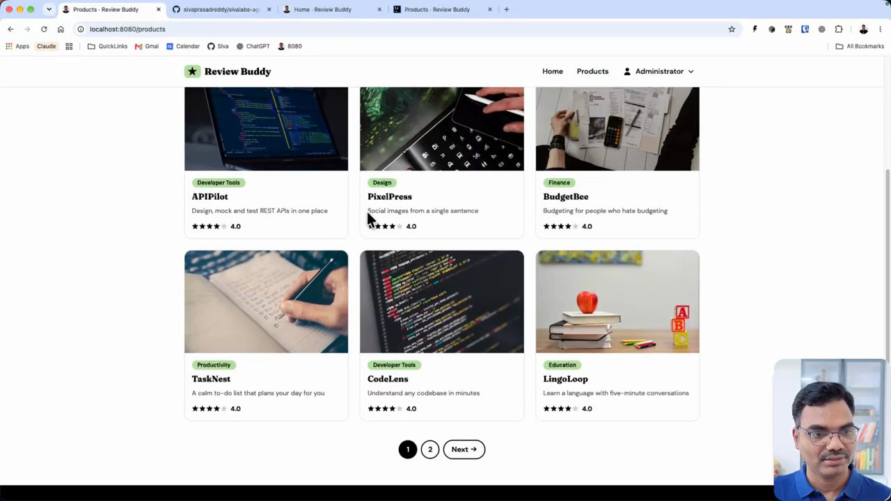 Trang /products của Review Buddy chạy trên localhost: lưới sản phẩm với rating 4.0 và nút phân trang 1, 2, Next