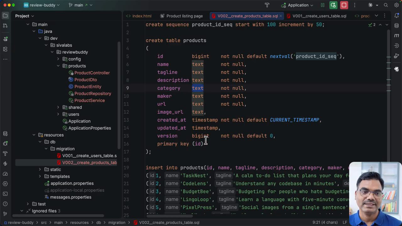 File V002__create_products_table.sql: create sequence product_id_seq, create table products với cột category kiểu text