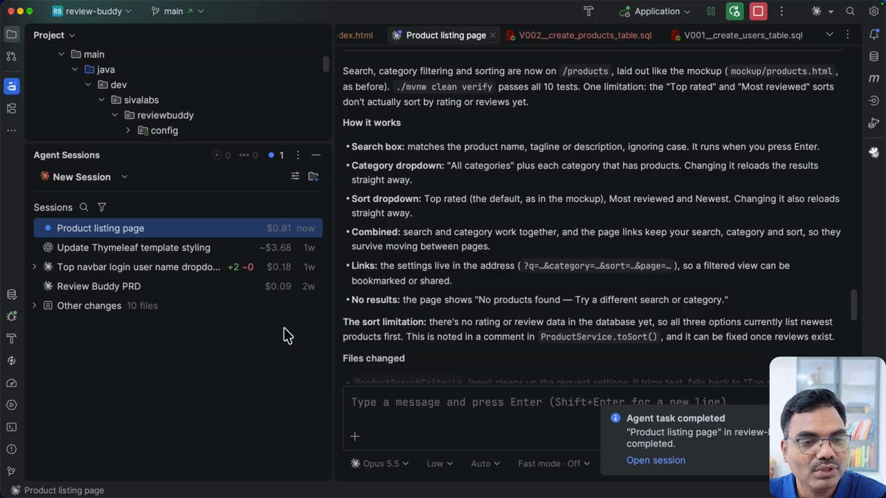Panel Agent Sessions với chi phí từng session, bên phải là bản tóm tắt search, category filtering và sorting, thông báo Agent task completed