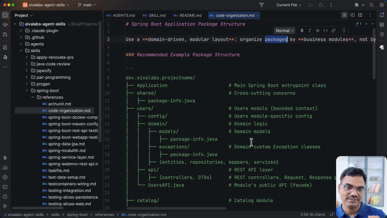 File code-organization.md: Use a domain-driven, modular layout, organize packages by business modules, cấu trúc package mẫu dev.sivalabs.projectname