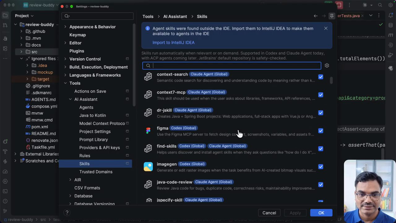 Settings của IntelliJ IDEA, Tools > AI Assistant > Skills, danh sách skill với nhãn Claude Agent (Global) và Codex (Global)