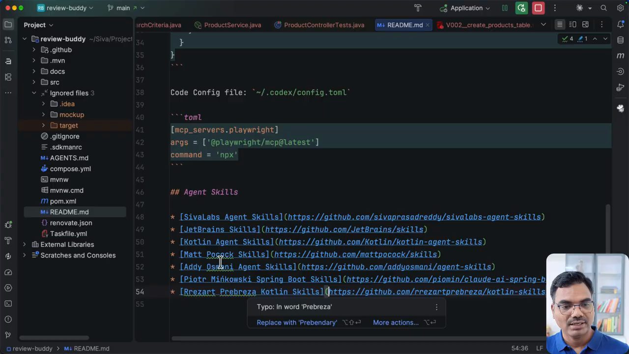 README.md của review-buddy, mục Agent Skills với bảy link tới các repo skill
