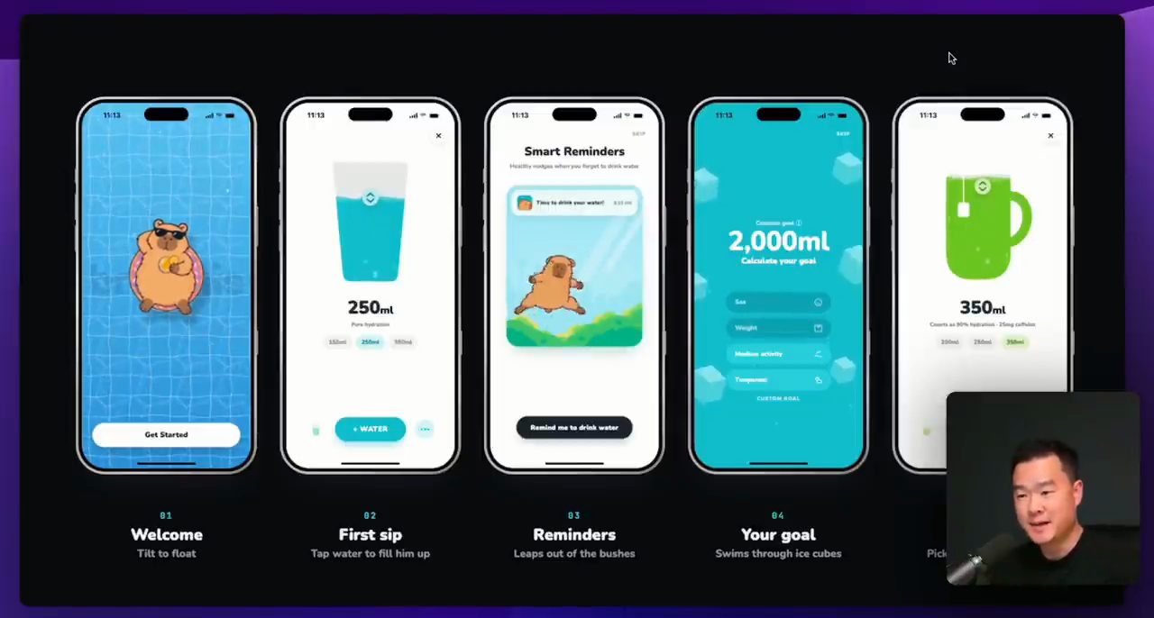 Năm màn hình của app Brownie: Welcome, First sip, Reminders, Your goal và một màn hình chọn đồ uống
