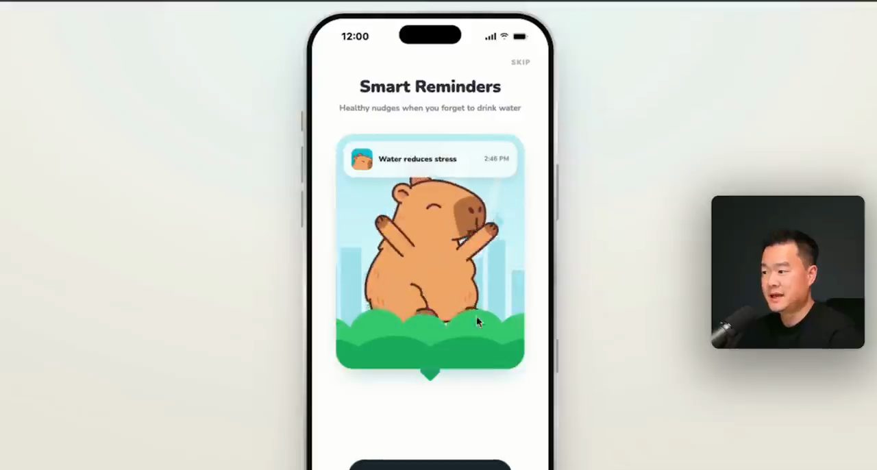 Màn hình Smart Reminders của bản thứ nhất: capybara giơ tay sau bụi cây, thông báo Water reduces stress