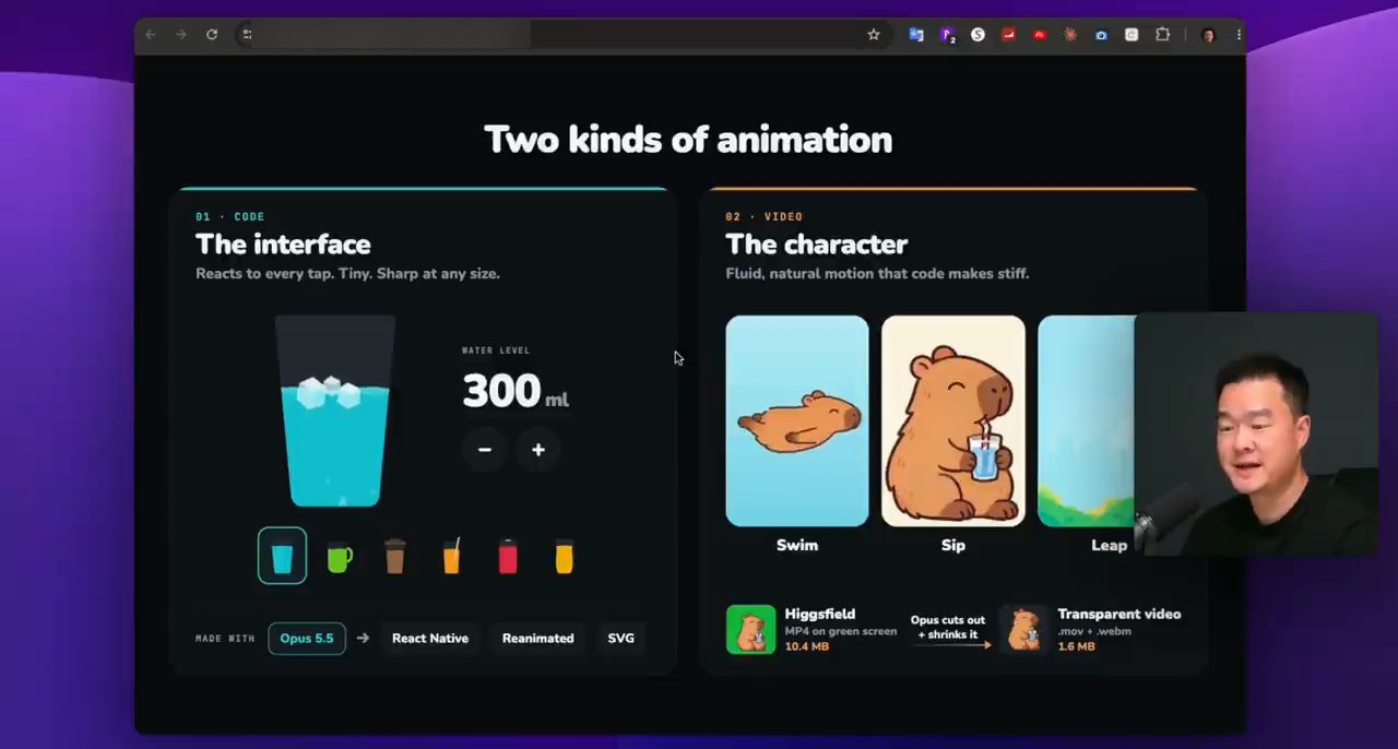 Trang Two kinds of animation: bên trái The interface làm bằng code, bên phải The character làm bằng video