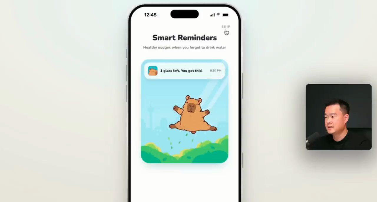 Màn hình Smart Reminders của bản thứ hai: capybara dạng video đang nhảy giữa không trung với thông báo 1 glass left. You got this!