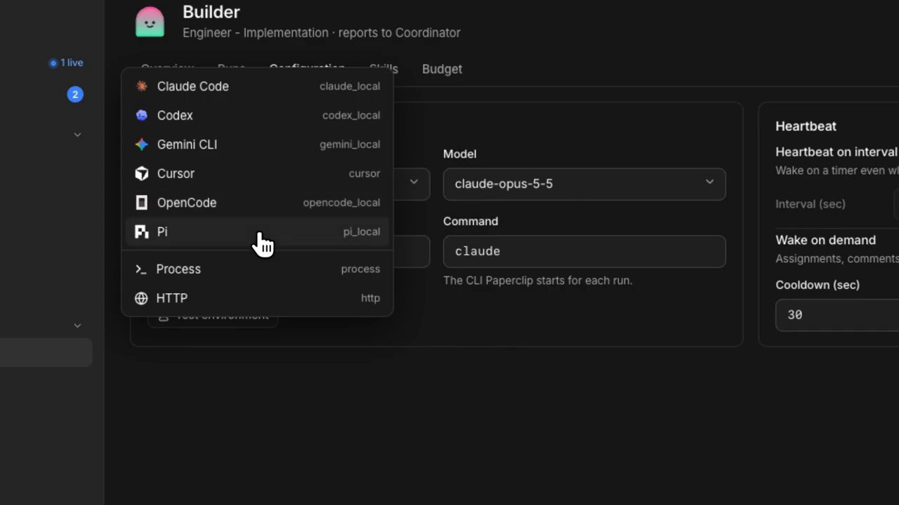 Menu chọn adapter trong trang cấu hình agent Builder: Claude Code, Codex, Gemini CLI, Cursor, OpenCode, Pi, Process, HTTP